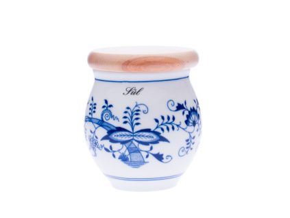 Dóza Baňák s dřevěným víkem Sůl, 10,4 cm, cibulák, Český porcelán