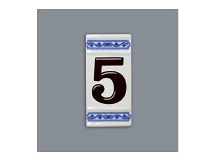 Číslo na dům - rámeček na střed, číslo 5, 110 x 55 mm, cibulák, Český porcelán