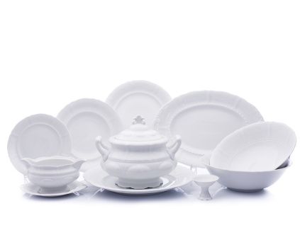 Jídelní souprava Sonáta, bílá krajka, bílý porcelán, Leander, 25 dílná