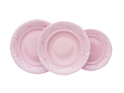Talířová souprava Sonáta, bílá krajka, růžový porcelán, Leander, 18 dílná