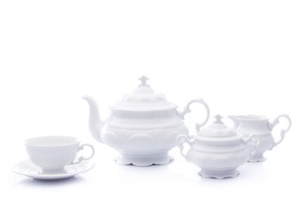 Čajová souprava Sonáta, bílá krajka, bílý porcelán, Leander, 15 dílná