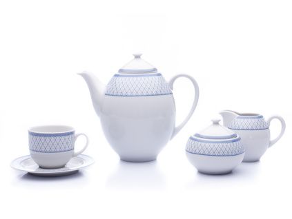 Kávová souprava, český porcelán, Opal, modrá mřížka, 15 d., Thun 1794