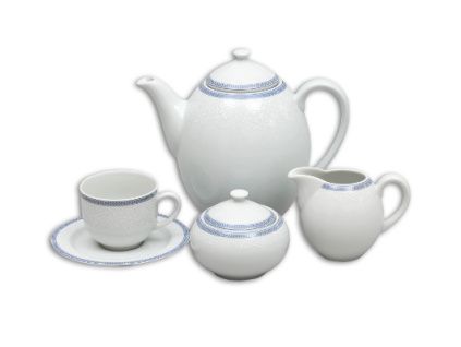 Opal, kávová souprava, porcelán, bílá krajka, modrý lem, Thun, 15 ks