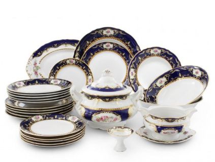 Jídelní souprava Sonáta, český porcelán, kobalt, růže, Leander, 25 dílná