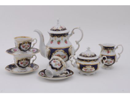 Kávová souprava Sonáta,  český porcelán, kobalt, růže, Leander