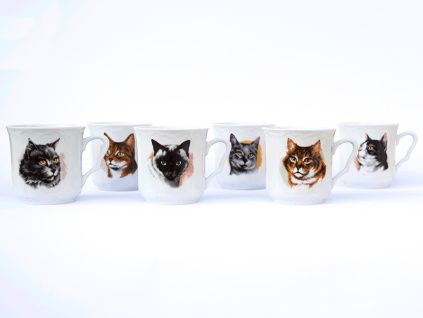 Sada hrnků s motivem koček, 0,27 l, Český porcelán Dubí, Karel, 6 ks