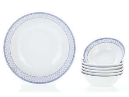 Kompotová souprava, český porcelán, Opal. modrá mřížka, 7 d., Thun