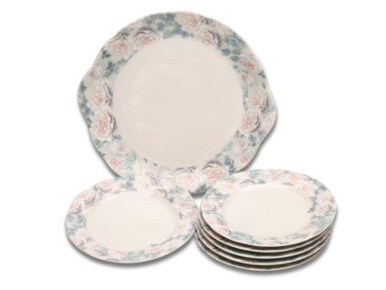Koláčová porcelánová souprava, růžičky, Thun, 7 d.