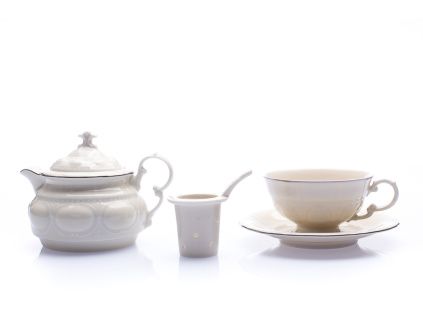 Šálek s konvičkou, český porcelán, slonová kost, platinová linka, 0,2 l a 0,4 l, Leander