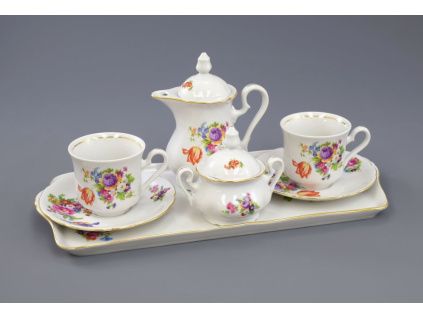 Kávová souprava, český porcelán, Mary-Anne, barevná kytice, Leander, 9 d.